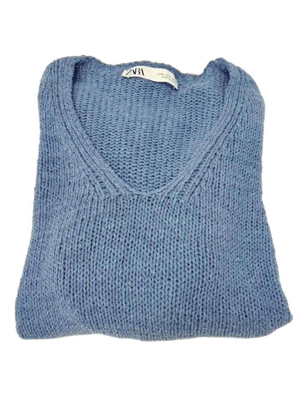Zara Women's V-Neck Knit Sweater Blue Oversized Soft Pullover Women's Size Small